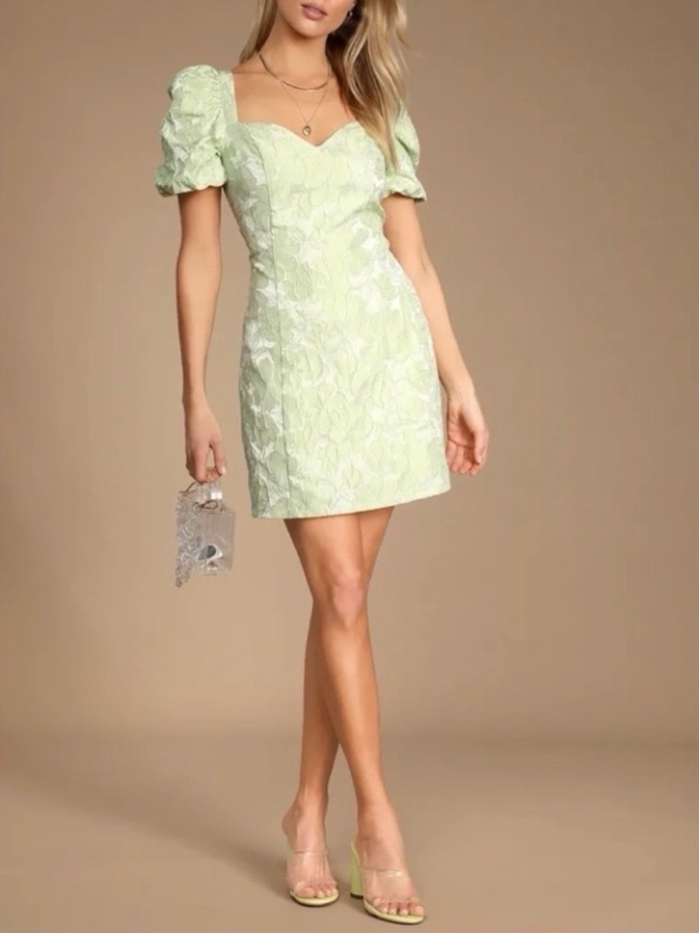 Lulus Beyond Amazing Light Green Floral Jacquard Puff Sleeve Dress Size S